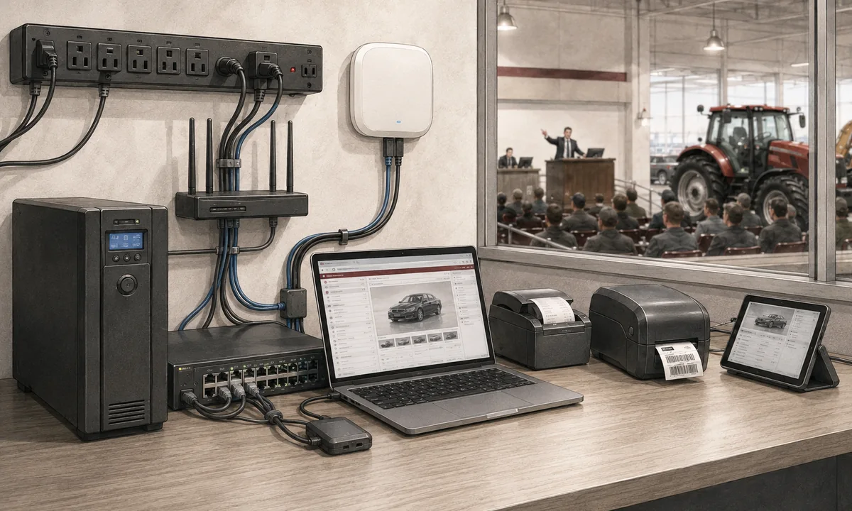 Auction power and network hardware with UPS, switch, router, printers and workstation