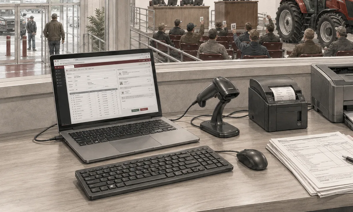 Auction workstation with laptop, keyboard, scanner and sales paperwork