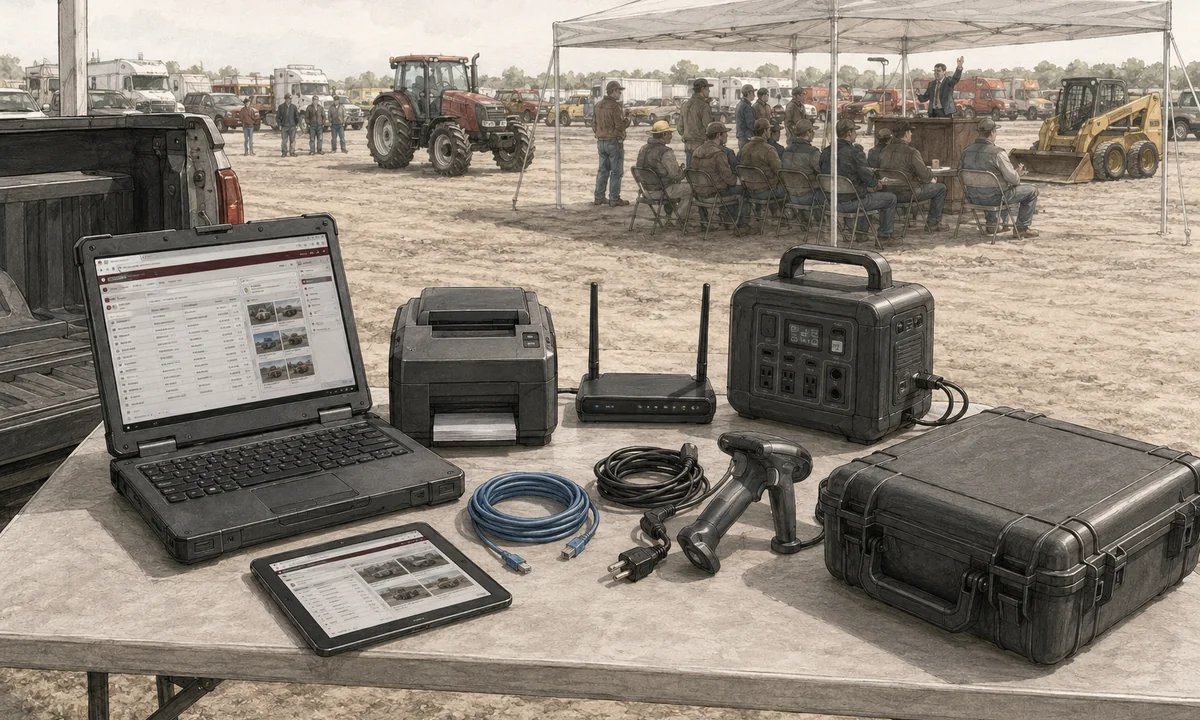 Mobile auction equipment kit with rugged laptop, printer, router, power unit, cables and protective case