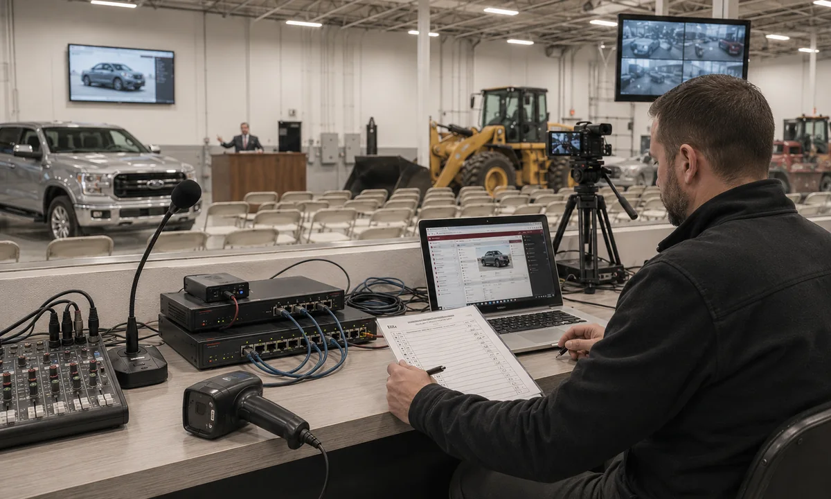 Auction technician verifying audio, network, video and bidding systems against a pre-sale checklist