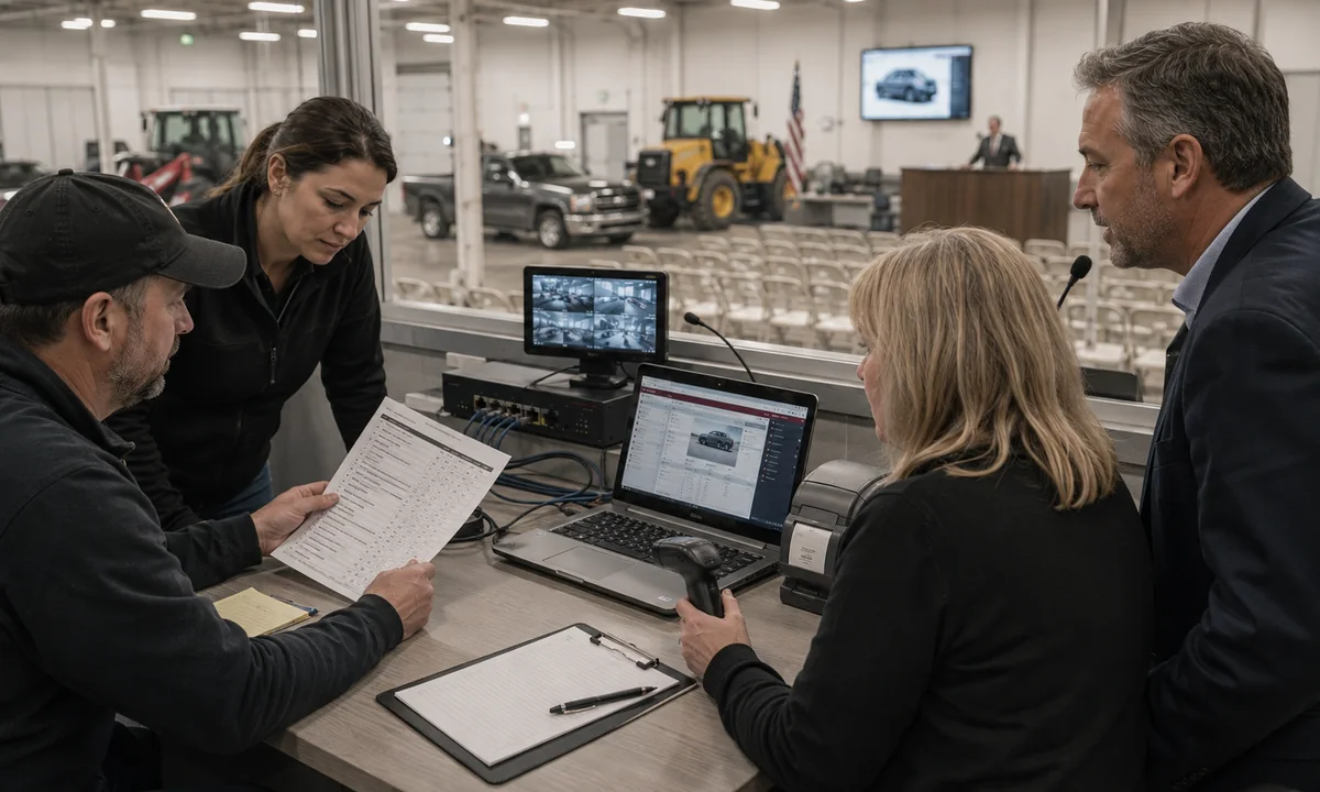 Auction operations team reviewing technical test results before the go or no-go decision