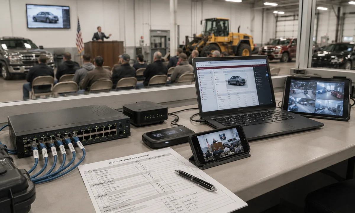 Auction control desk testing primary and backup network paths with remote bidder views