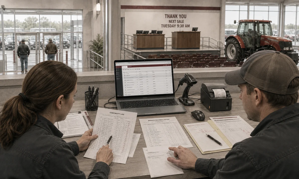 Two auction clerks reconcile continuity and bidder records after a workstation disruption