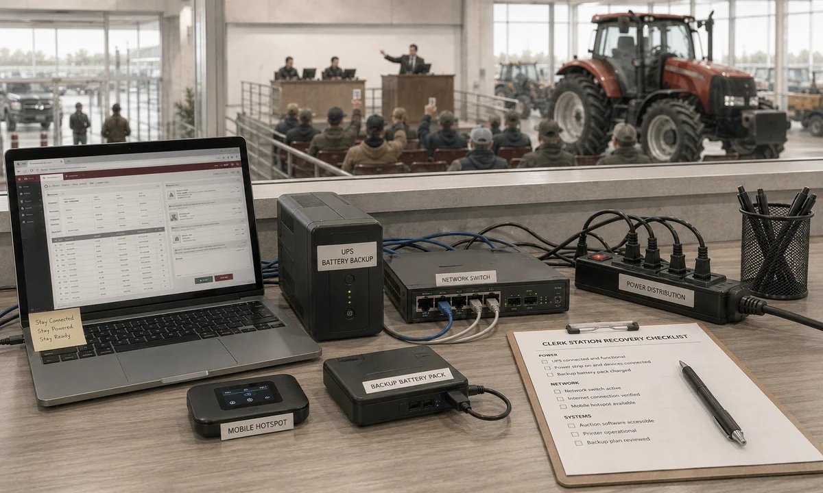 Auction clerk station dependency chain with UPS, network switch, hotspot and battery backup