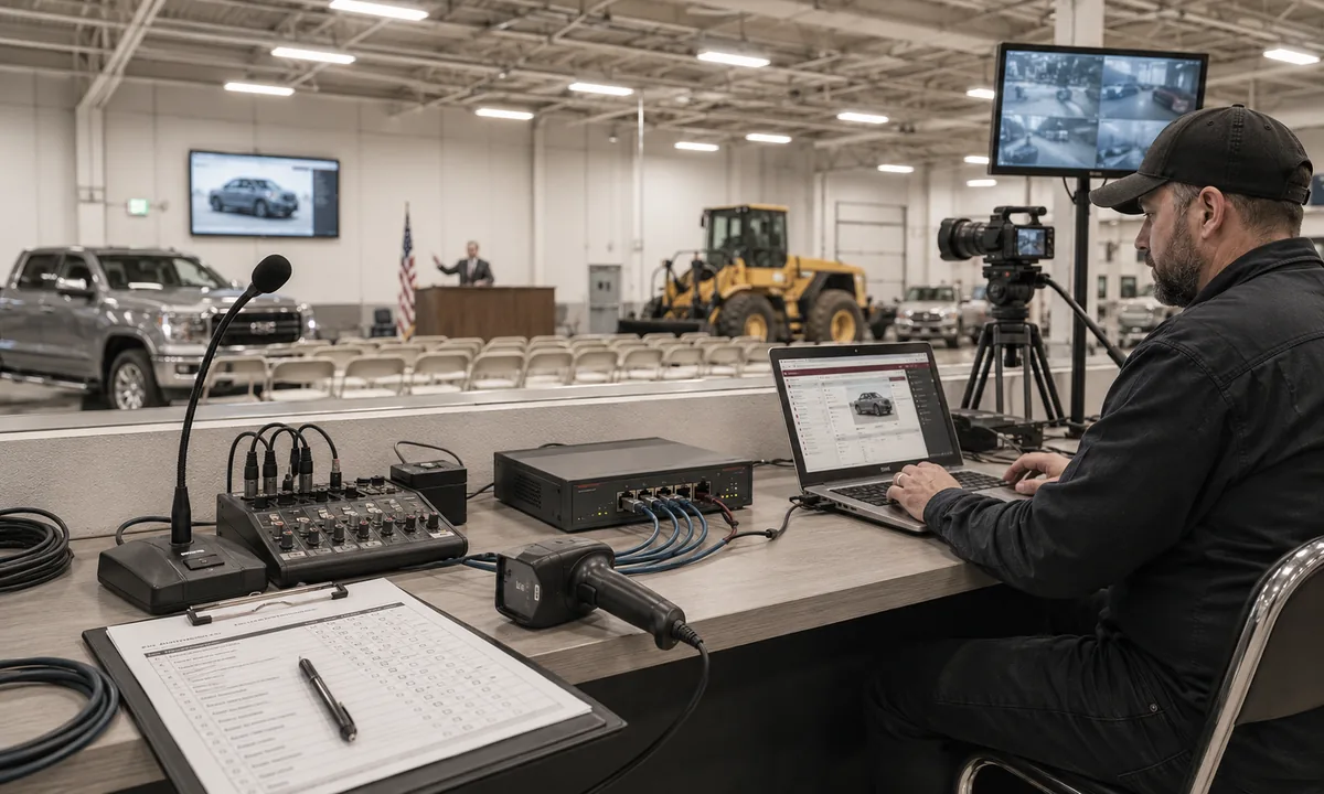 Auction technician testing sound, network, video and bidding systems before an equipment auction