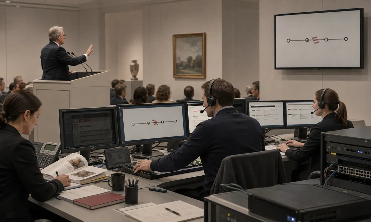 Auction control desk showing a frozen lot and a failed primary internet bid path