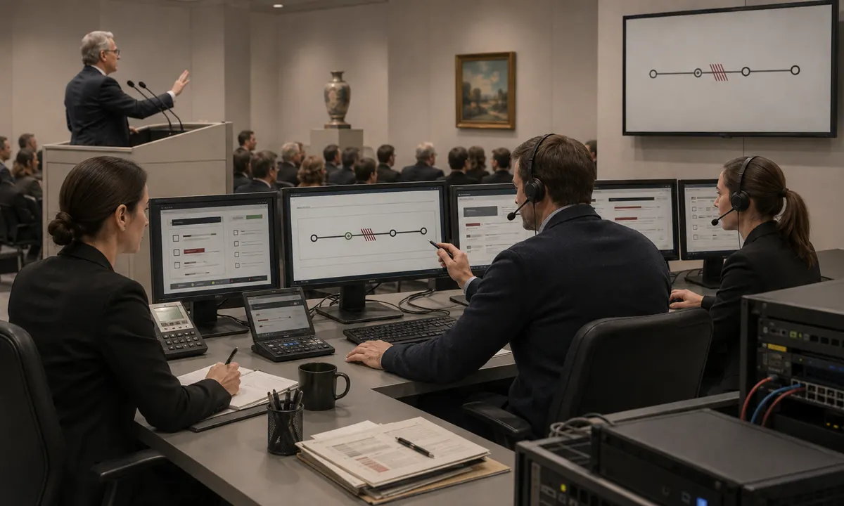 Auctioneer and phone-bid team coordinating a brief pause and verified restart