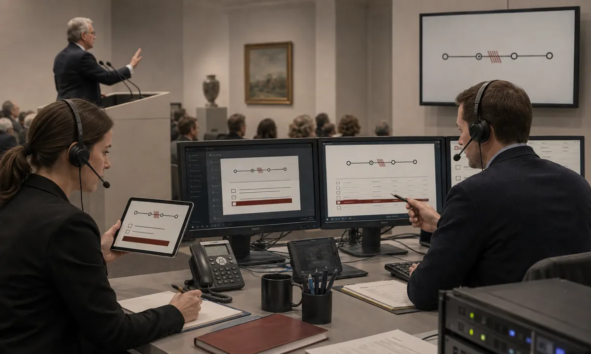 Phone-bid operator recording the active lot and last confirmed instruction after a call drops