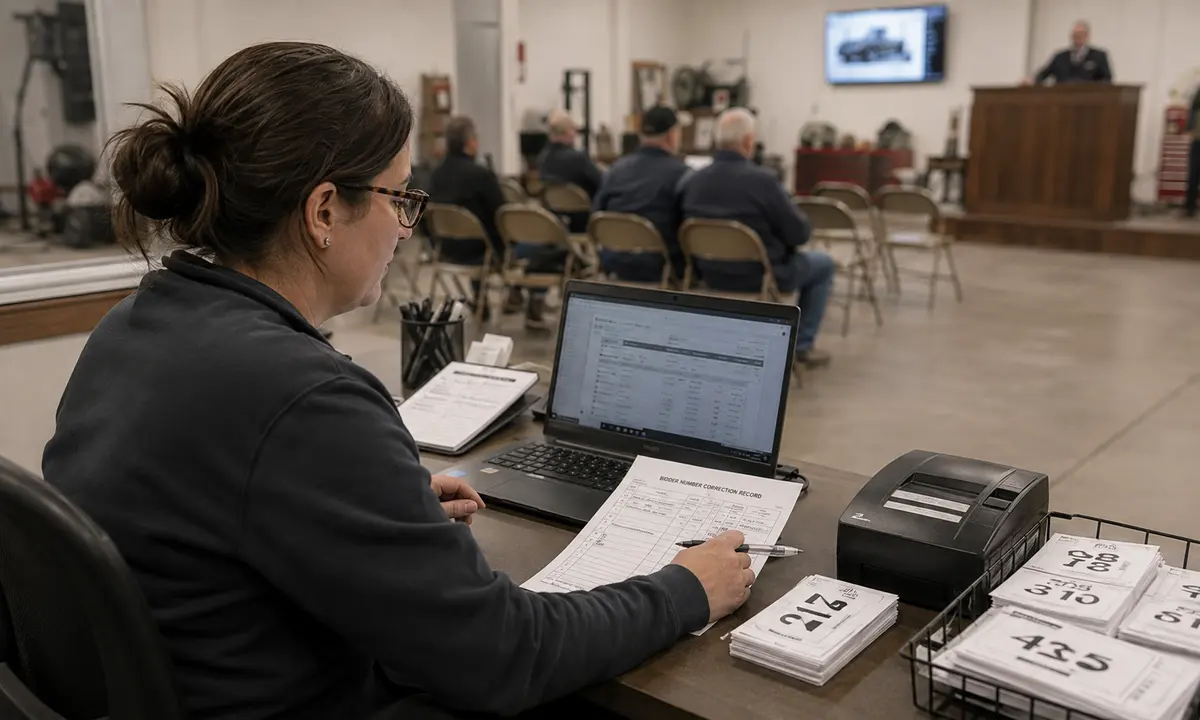 Single auction clerk checking a paper correction record beside the clerking laptop