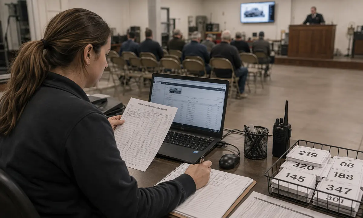 Auction clerk comparing the clerking screen with a printed bidder-number correction record