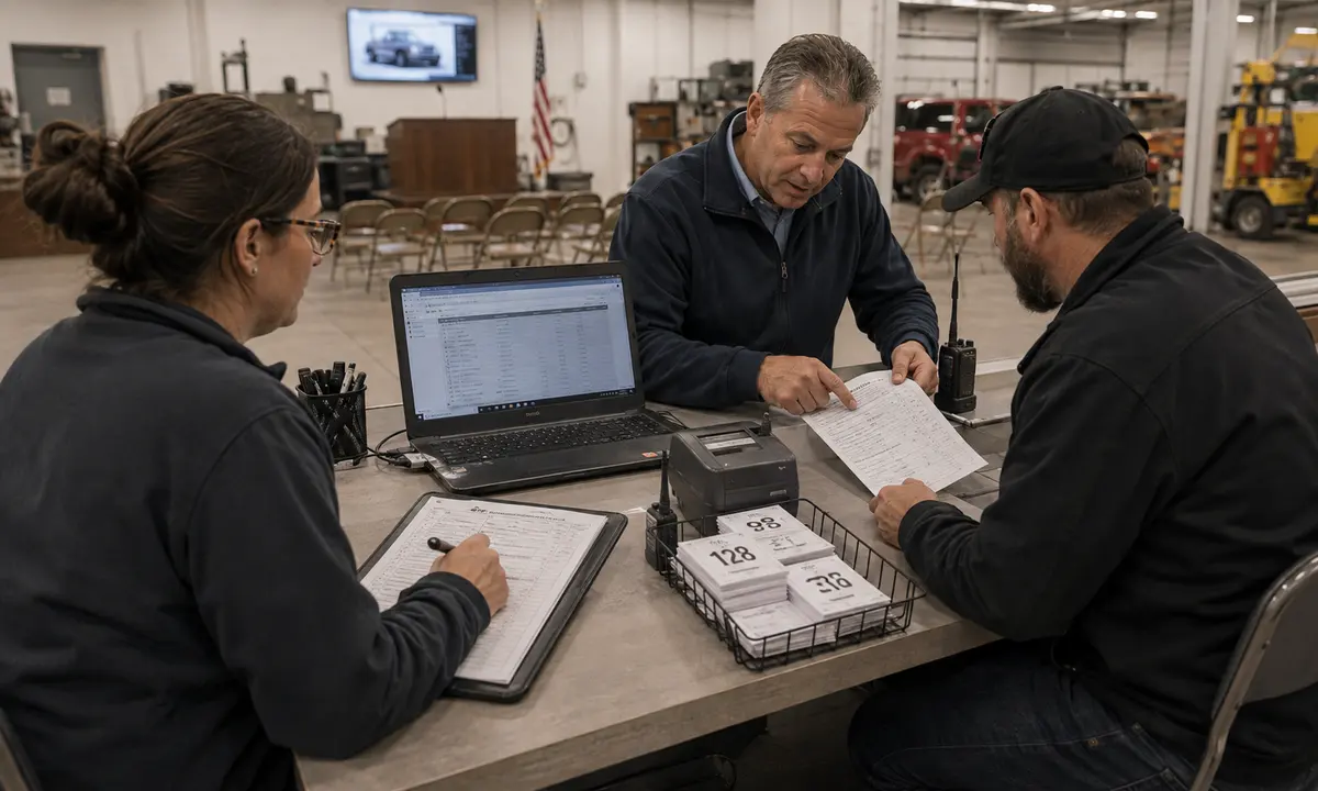 Small auction team reviewing a disputed bidder number at the clerking desk