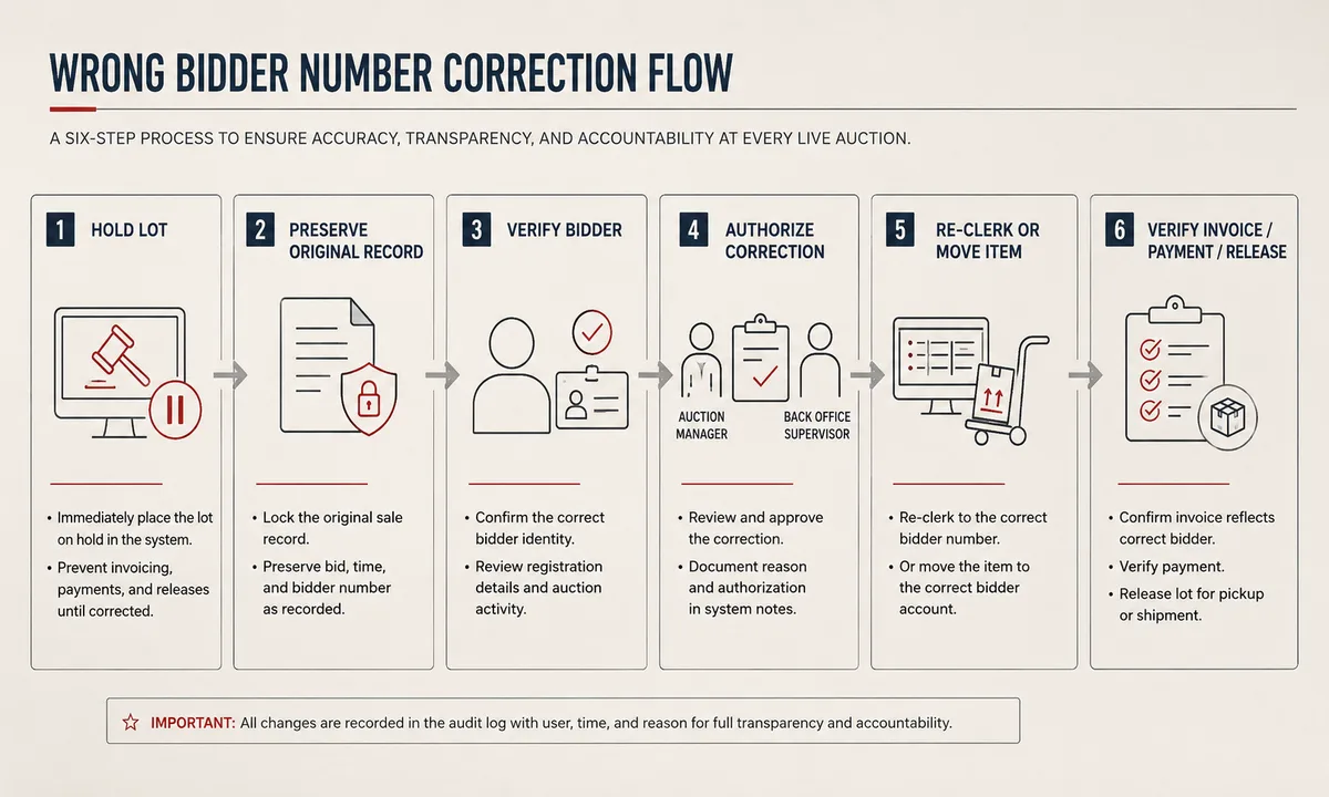 Six-step flow for holding, preserving, verifying and correcting a wrong bidder number