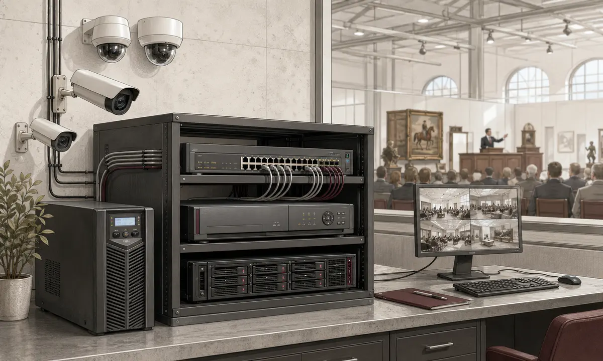 Auction security cameras, network recorder and UPS continuity path