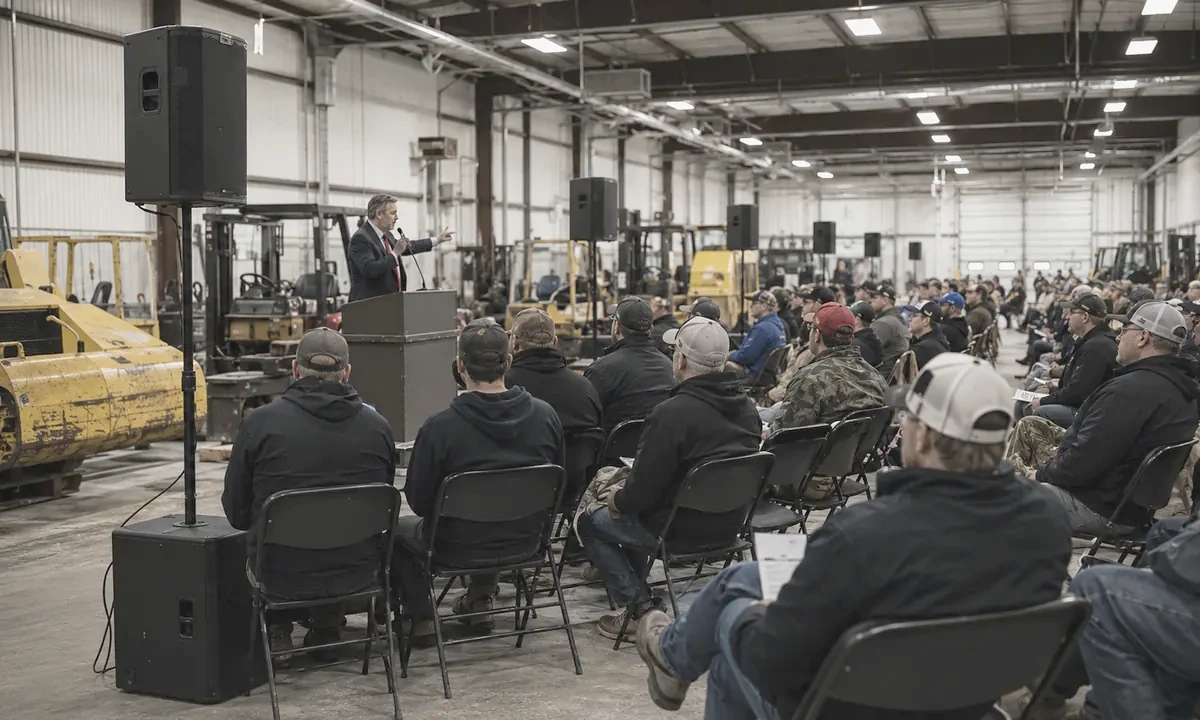 Several loudspeakers distributed across a long auction room