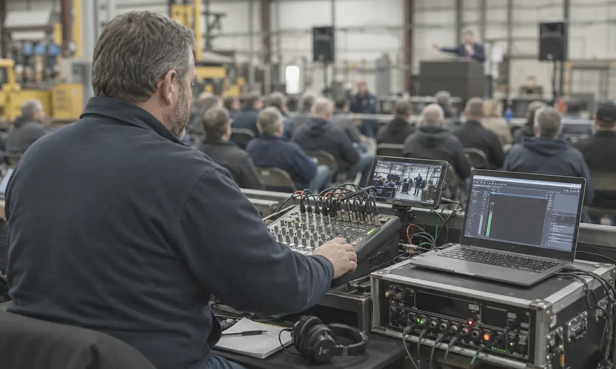 Auction microphone routed through a mixer to separate room and online audio outputs